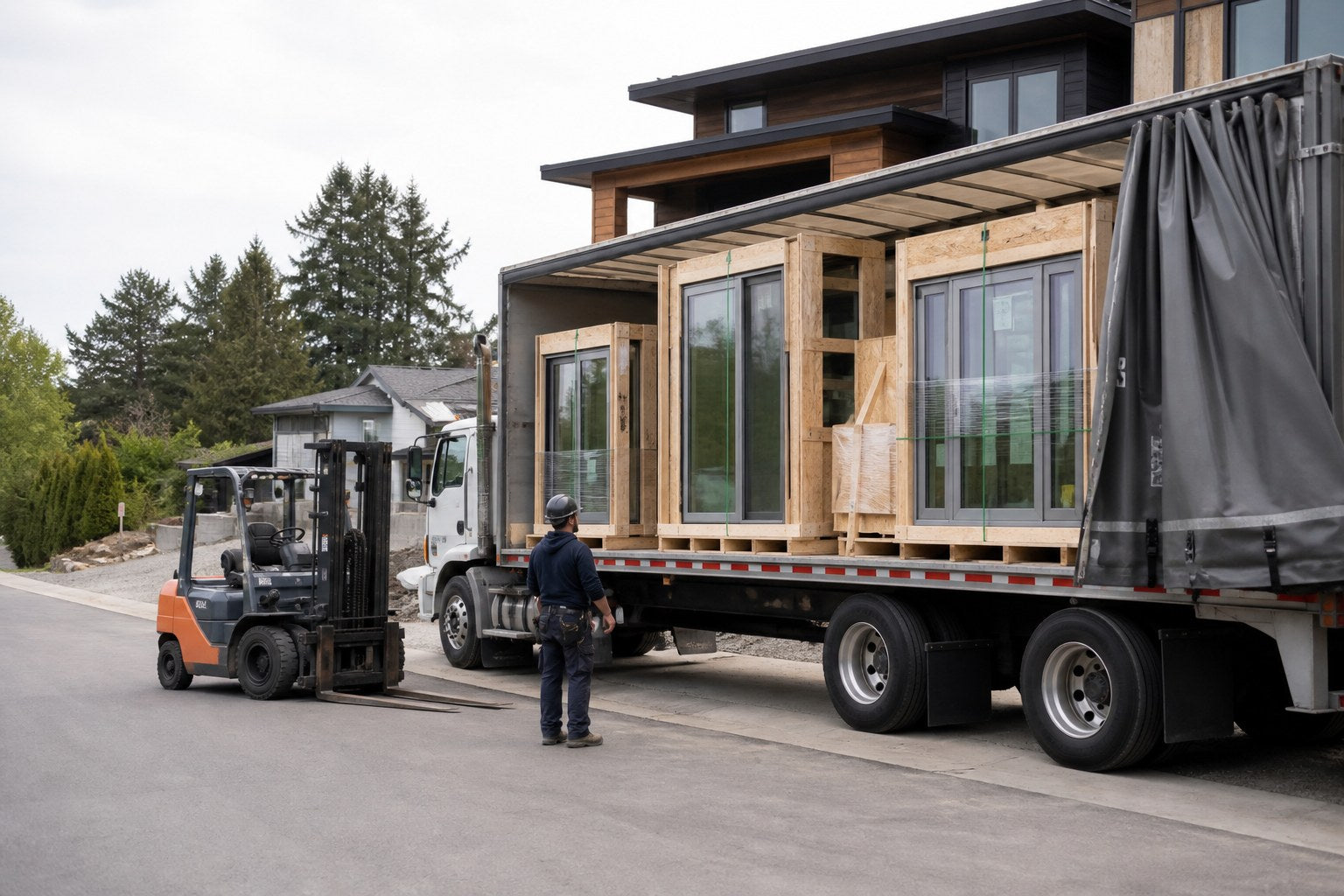 Crated architectural windows arriving by truck with a forklift prepared for jobsite unloading