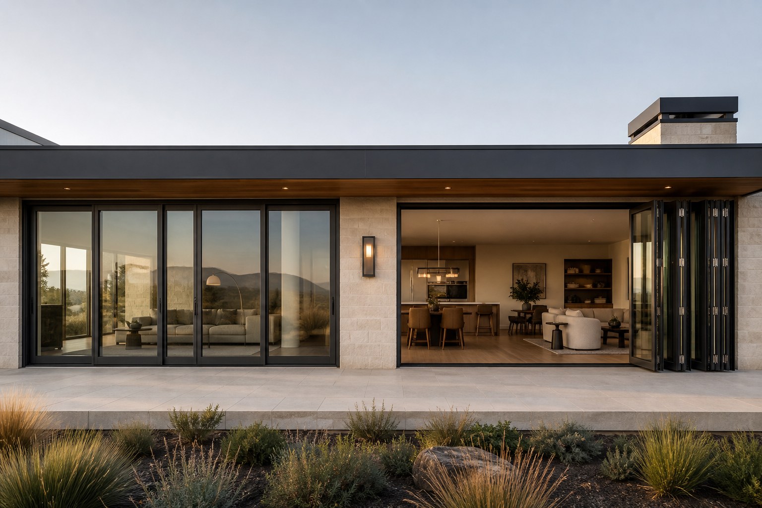 Contemporary home comparing a multi-panel sliding glass door with a folding glass door system
