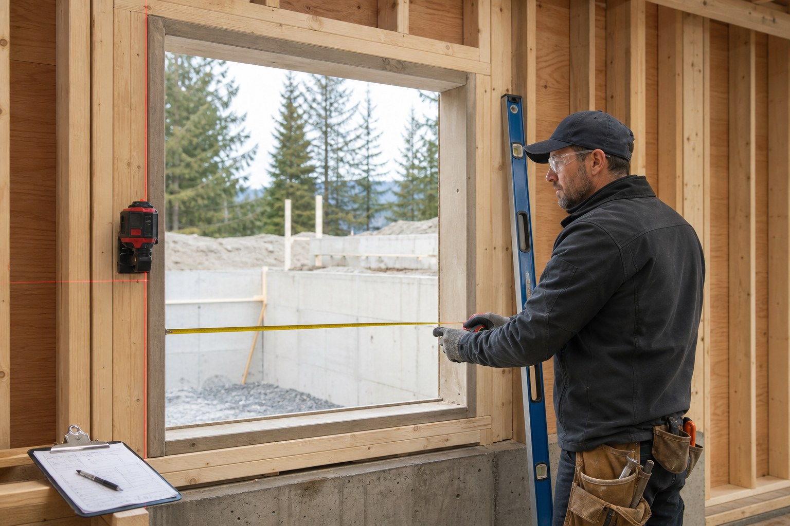 Contractor checking the width and alignment of a framed rough opening for a custom window