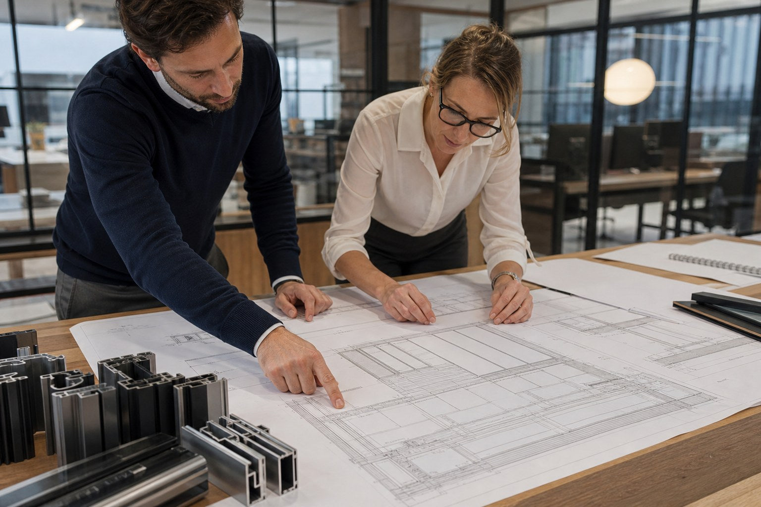 Architect and window engineer reviewing large shop drawings with aluminum profile samples on a project table