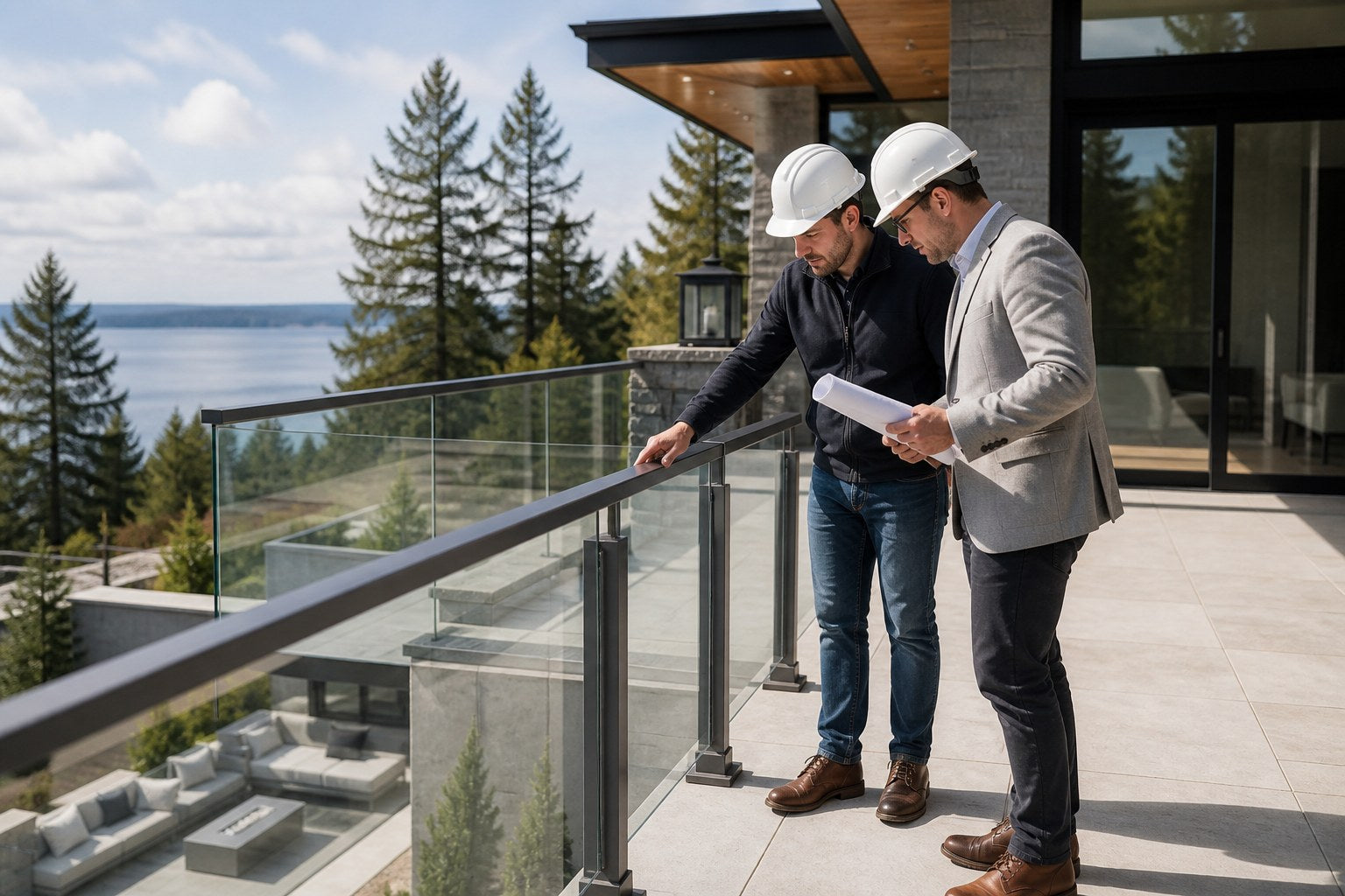 Architect and contractor reviewing the posts, glass panels and top rail of an aluminum guardrail system
