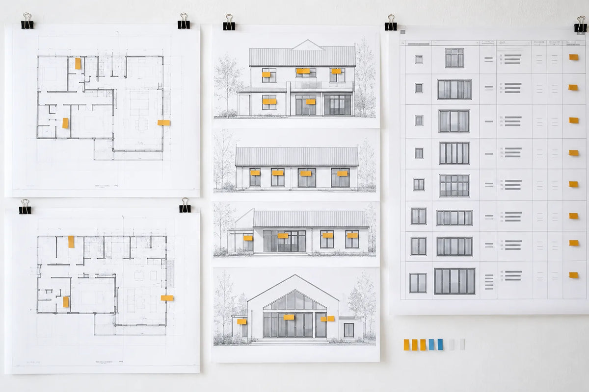 Architectural window elevations and schedule sheets arranged for a document discrepancy review