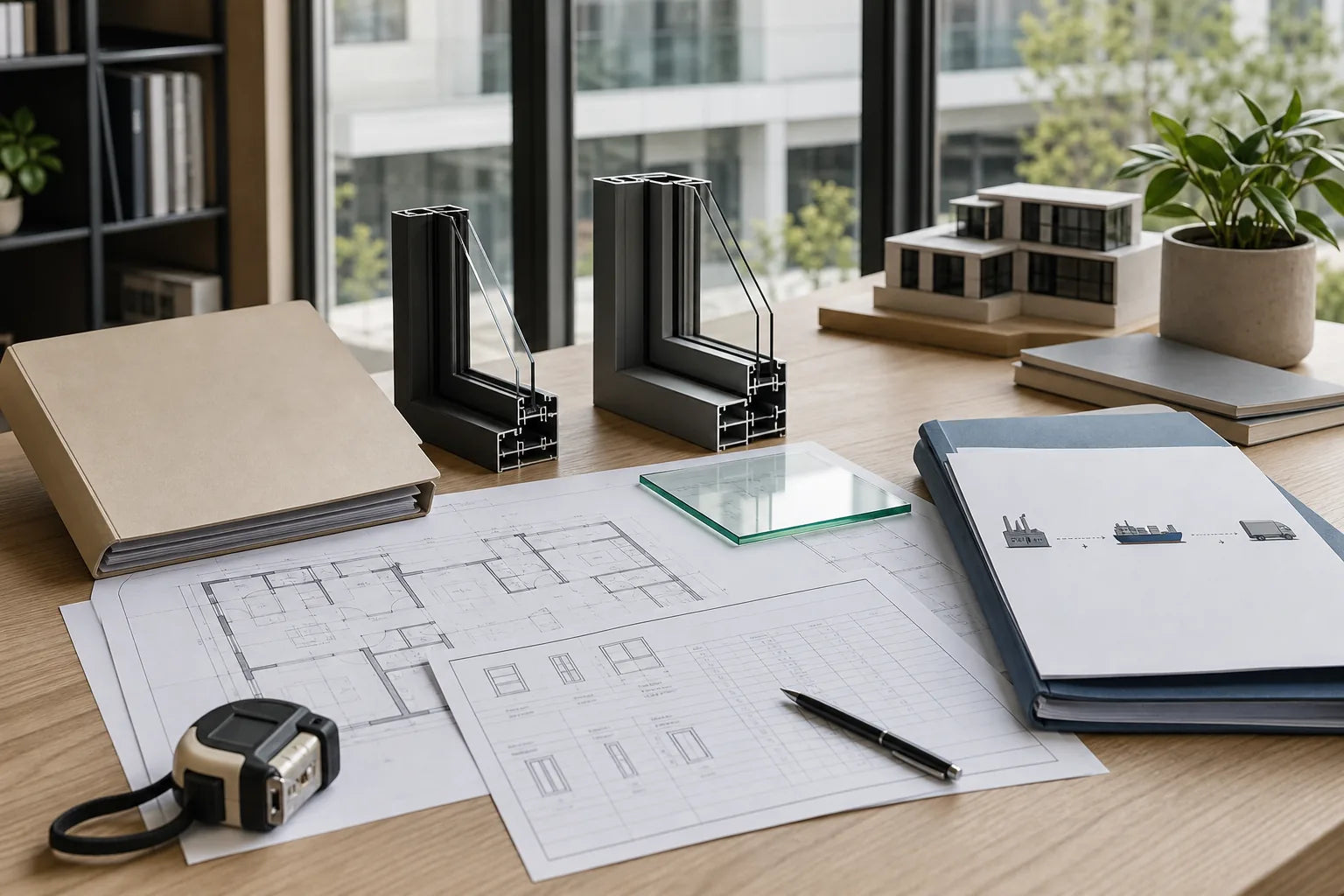 Architectural plans, aluminum window frame samples and logistics documents arranged for a local versus overseas sourcing comparison
