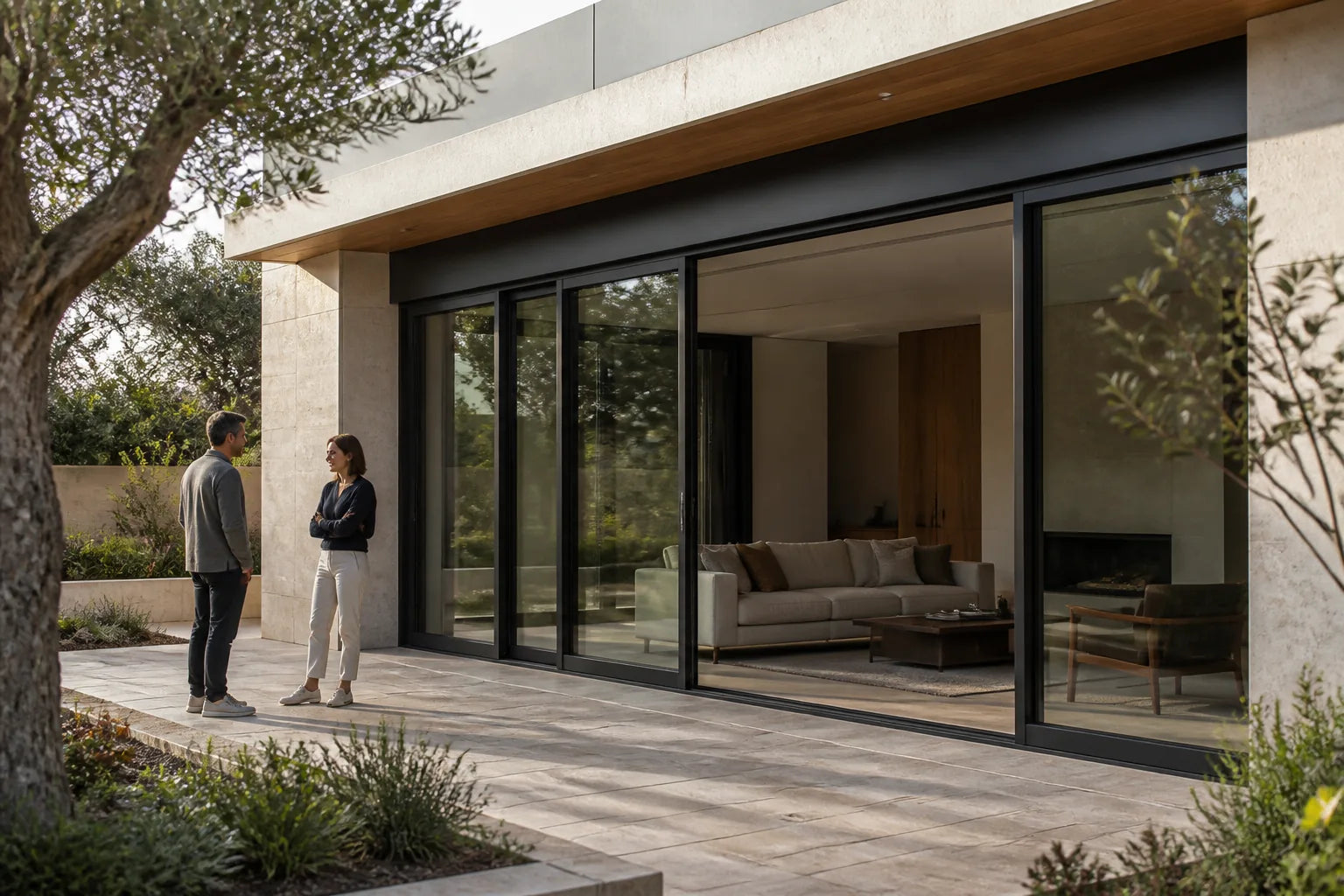 Two adults beside a large black-framed multi-panel sliding glass opening on a contemporary residential terrace