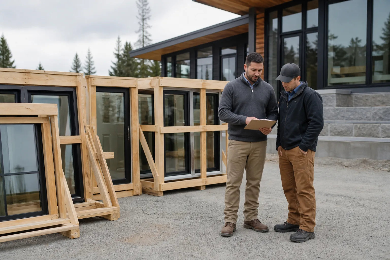 A builder and installer reviewing scope beside packaged window and door units at a prepared receiving area