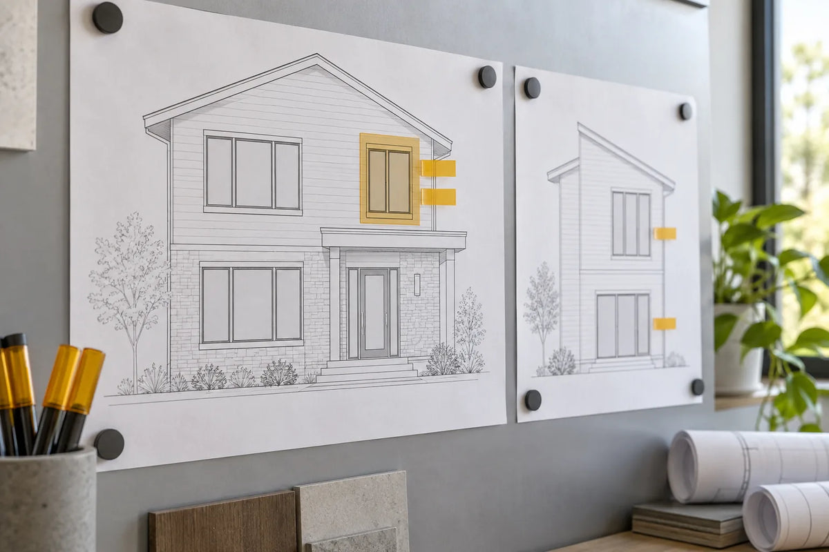 Two architectural elevation sheets arranged on a review board with change markers