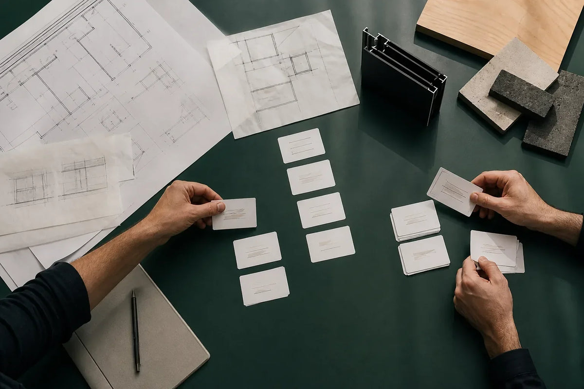 Builder team sorting window and door scope items beside project plans