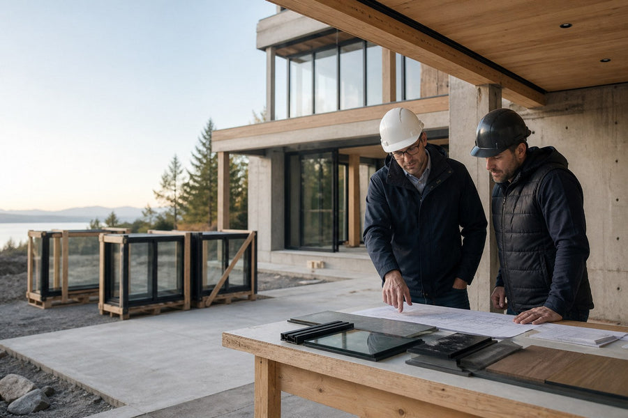 Architect and contractor reviewing custom aluminum window shop drawings and material samples at a residential jobsite