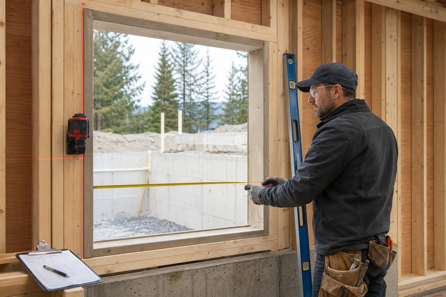 Contractor checking the width and alignment of a framed rough opening for a custom window