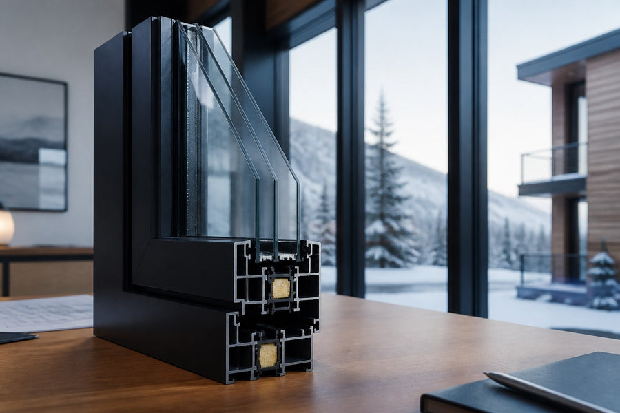 Thermal-break aluminum window profile and insulating glass sample displayed beside an installed window