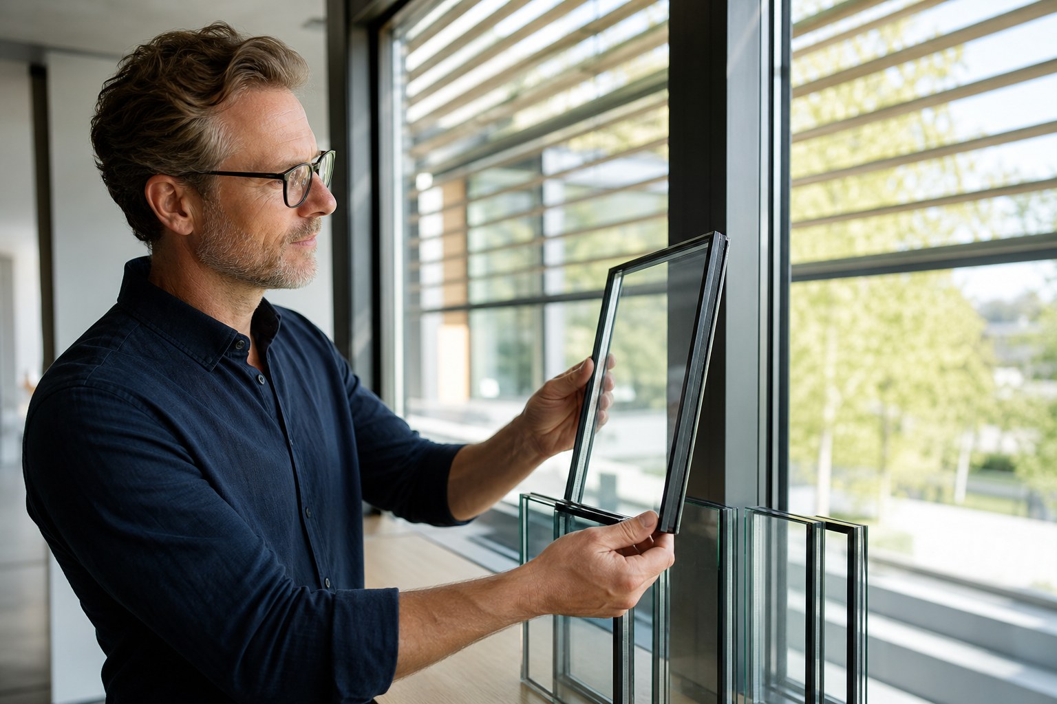 Architect comparing insulating glass samples beside a contemporary aluminum window with exterior shading
