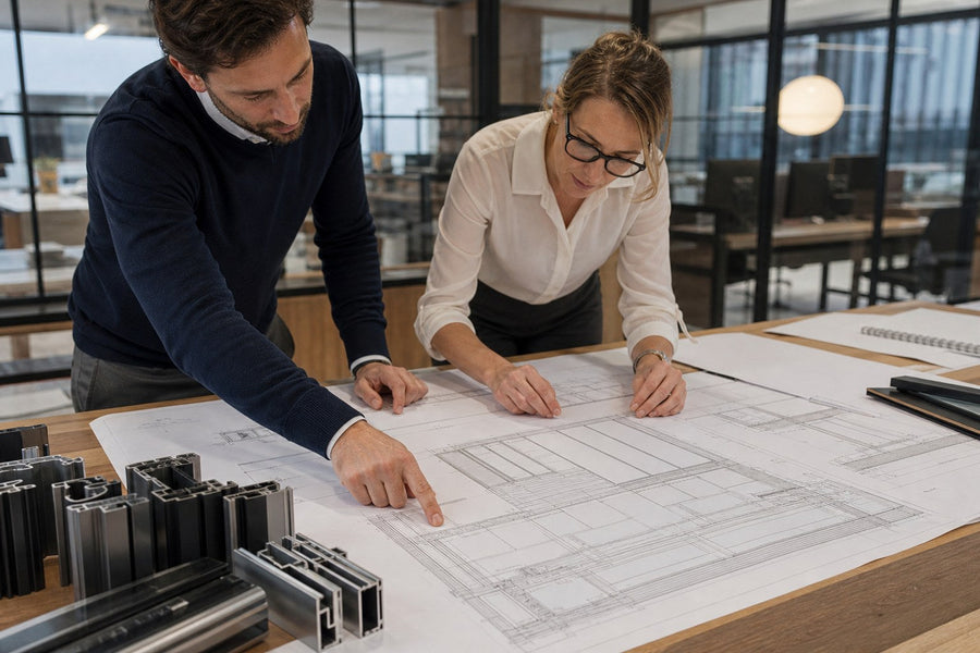 Architect and window engineer reviewing large shop drawings with aluminum profile samples on a project table