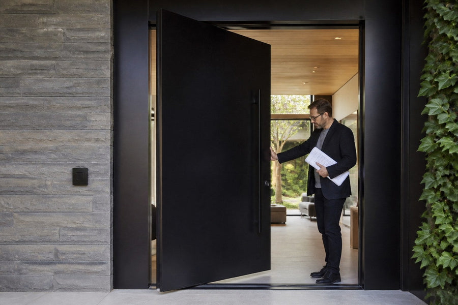 Architect inspecting the hardware and opening movement of an oversized black pivot entrance door