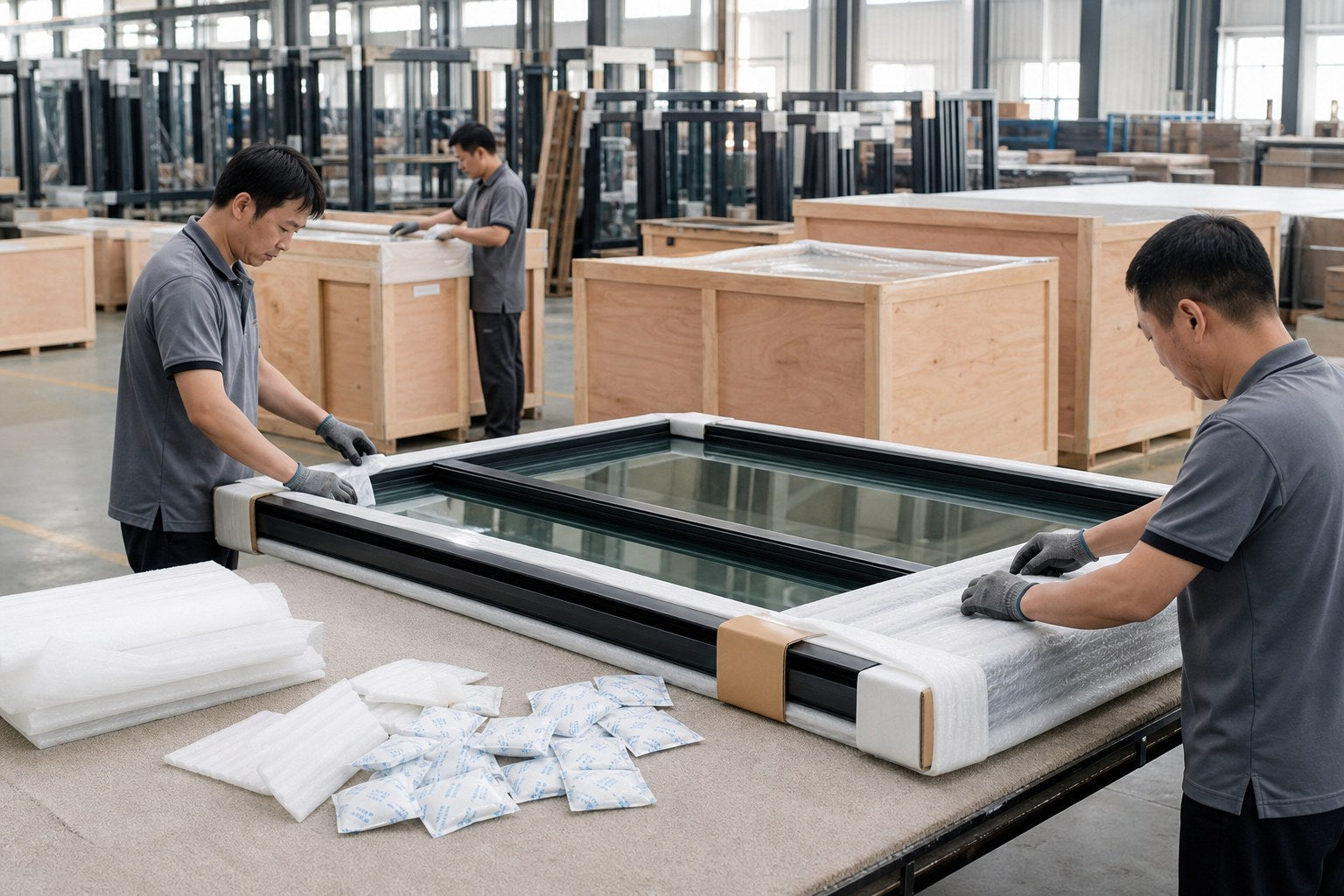 Factory team applying protective wrapping and corner protection to aluminum windows before plywood crating