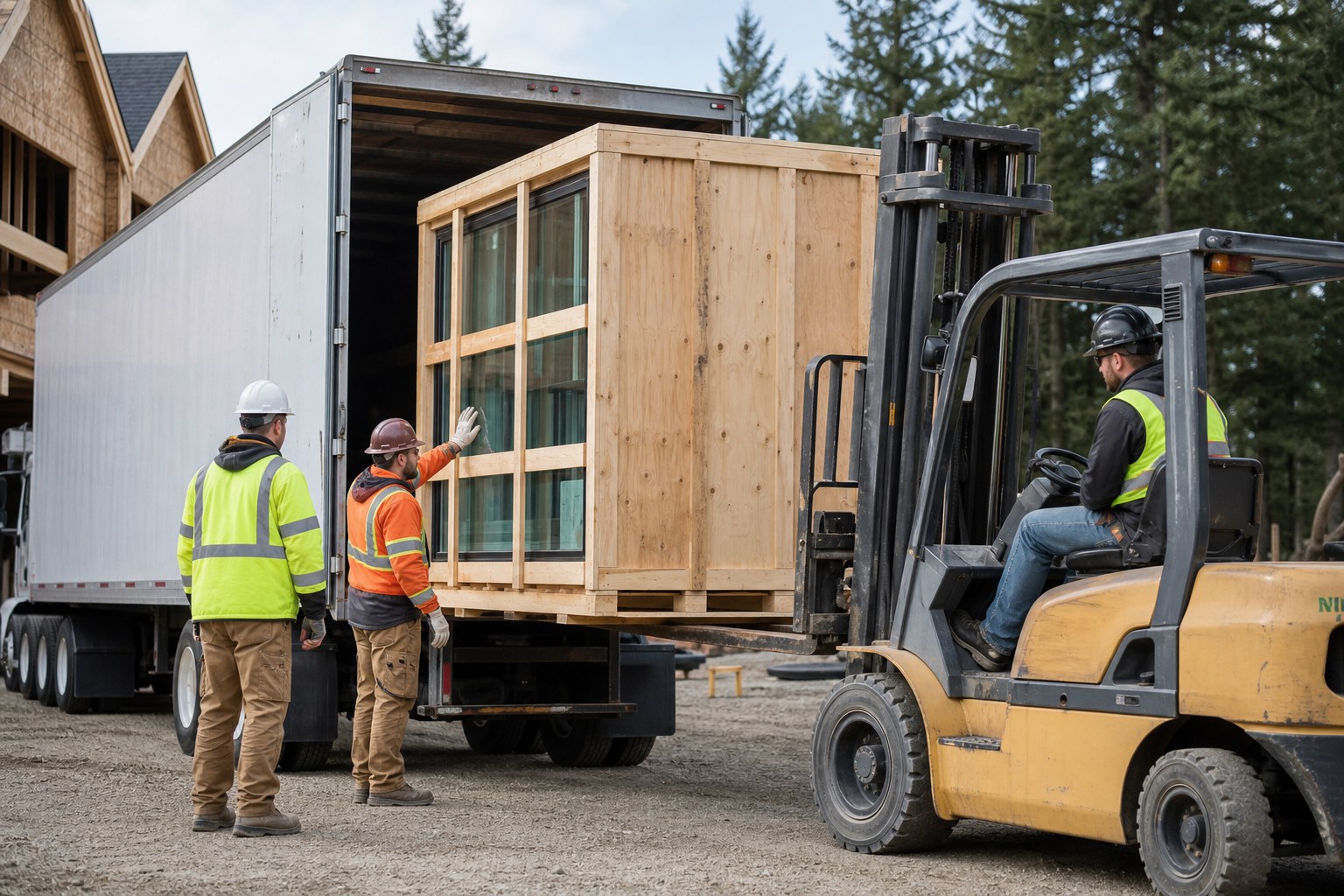 Qualified crew using a forklift and spotter to unload a large window crate from a delivery truck