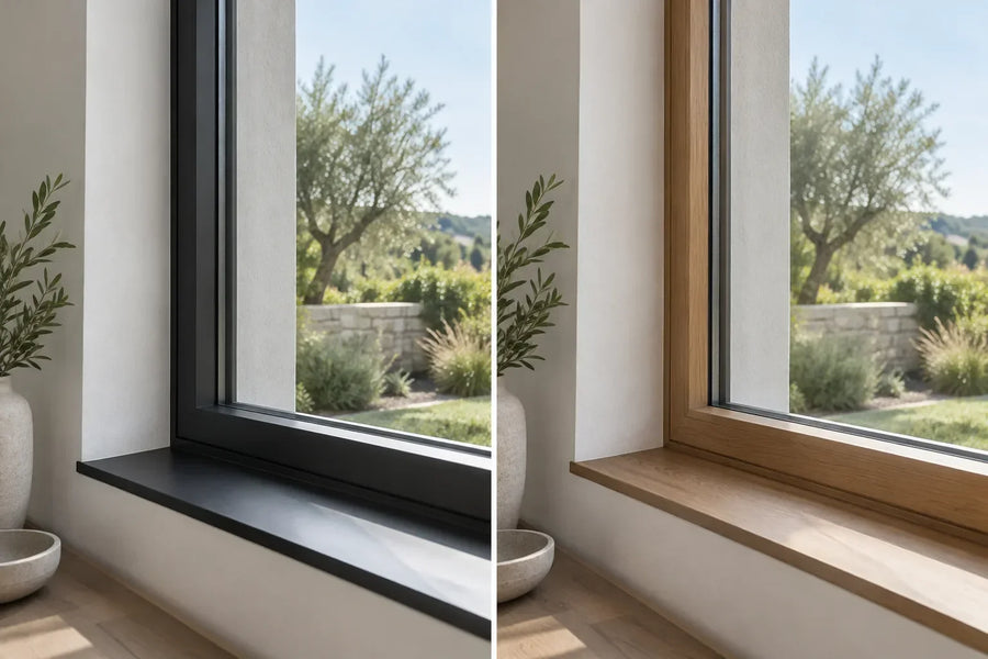 Paired interior window details showing dark metal framing and natural wood framing