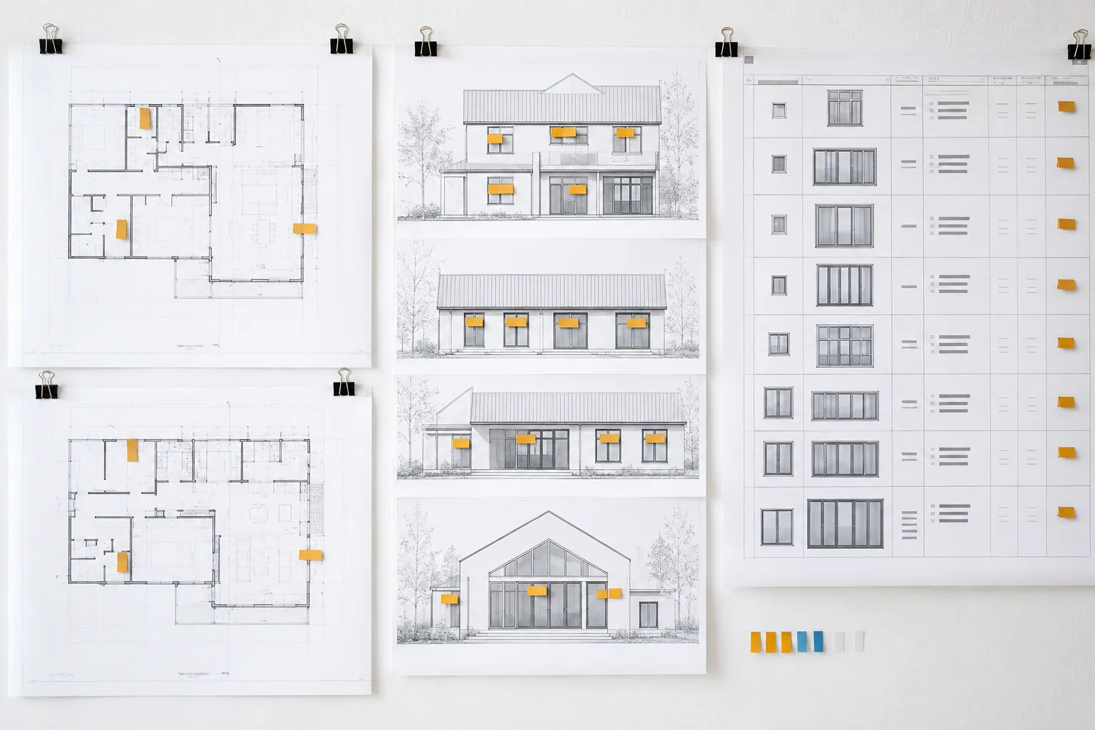 Architectural window elevations and schedule sheets arranged for a document discrepancy review