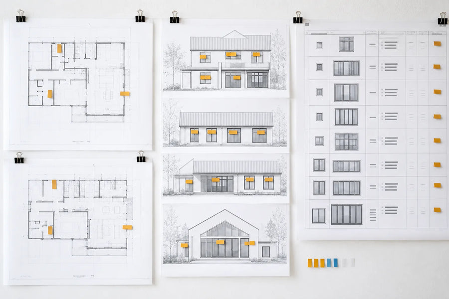 Architectural window elevations and schedule sheets arranged for a document discrepancy review
