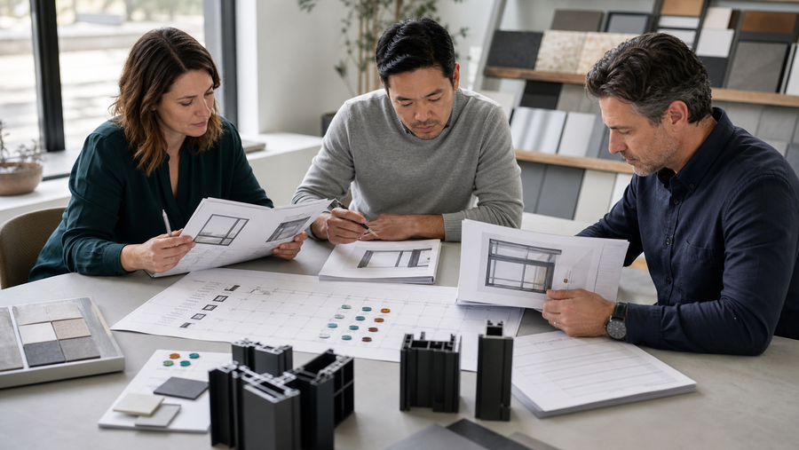 Project team comparing custom window and door proposals with an opening schedule, status markers, and aluminum frame samples