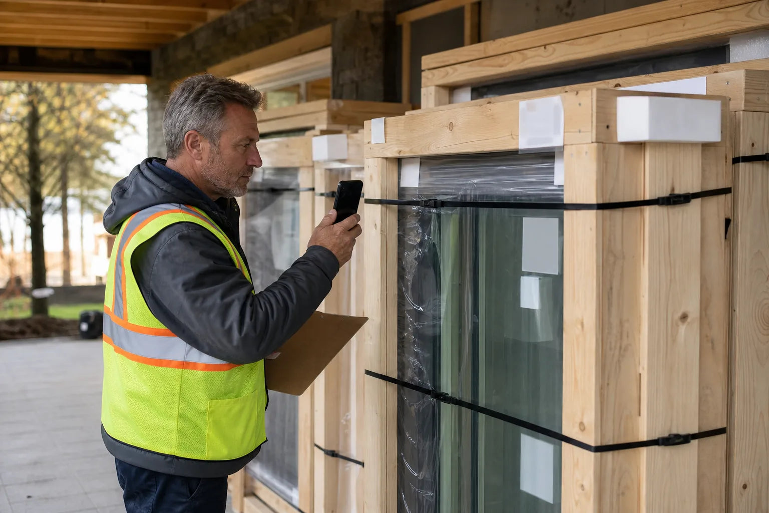 A site supervisor documenting the exterior condition of packaged window and door units after delivery