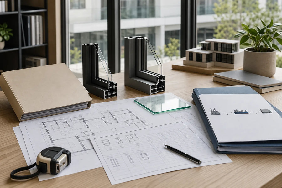 Architectural plans, aluminum window frame samples and logistics documents arranged for a local versus overseas sourcing comparison
