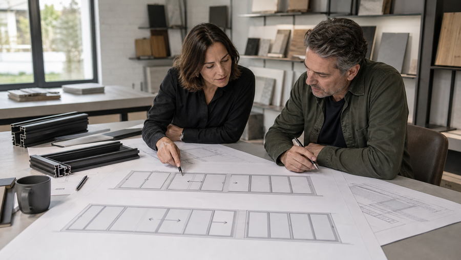 Architect and contractor reviewing multi-panel sliding door elevations with movement arrows and aluminum frame samples