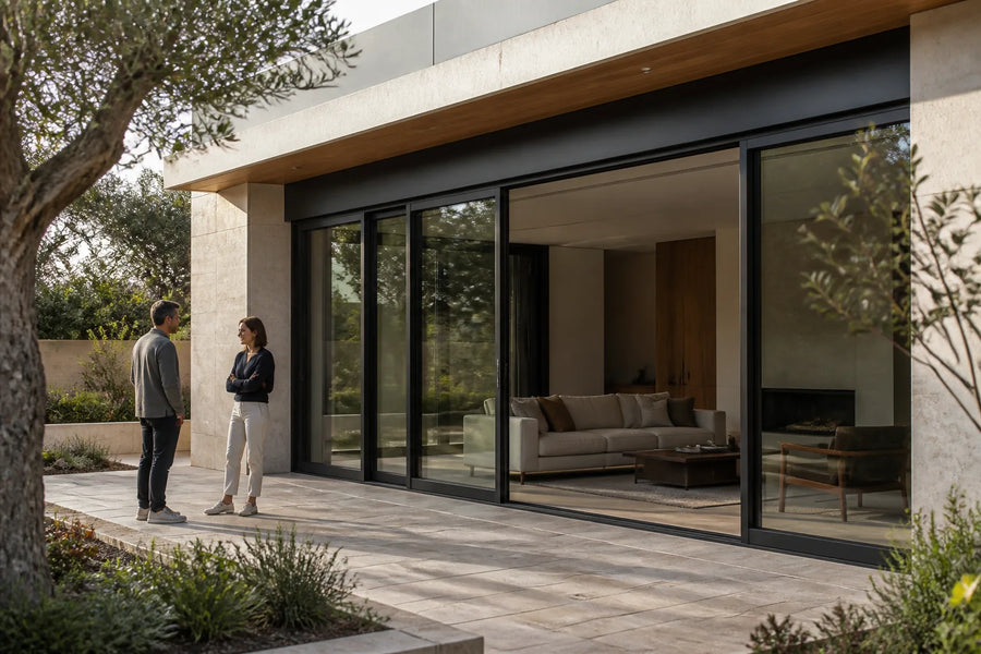 Two adults beside a large black-framed multi-panel sliding glass opening on a contemporary residential terrace