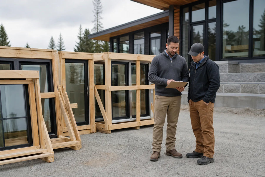 A builder and installer reviewing scope beside packaged window and door units at a prepared receiving area