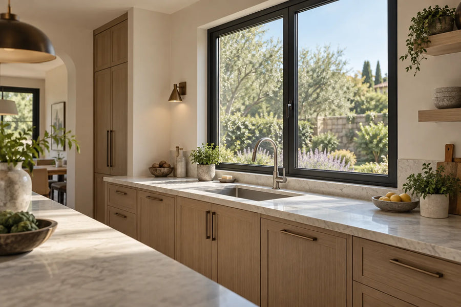 Dark-framed kitchen window above a sink and tall faucet in a sunlit interior