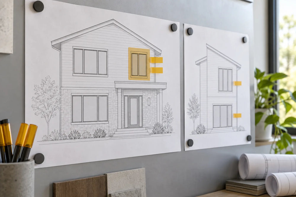 Two architectural elevation sheets arranged on a review board with change markers
