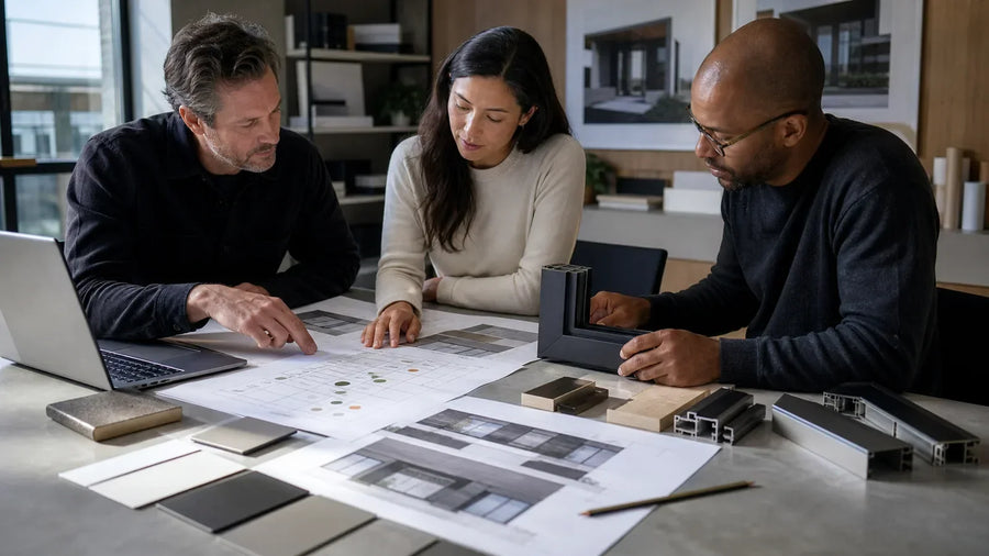 Architecture project team comparing window and door frame finish samples with a finish schedule and elevation drawings