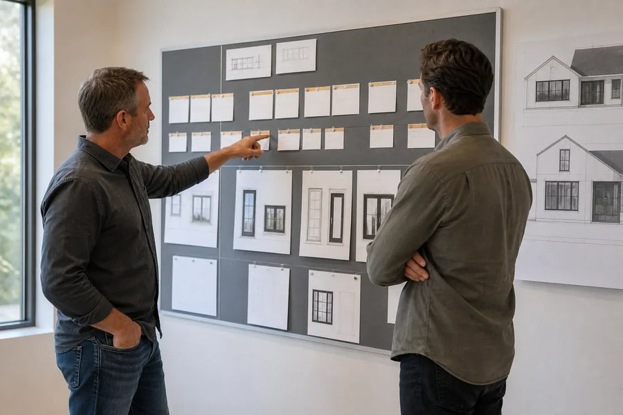 A builder and project manager reviewing a wall-mounted window and door procurement plan
