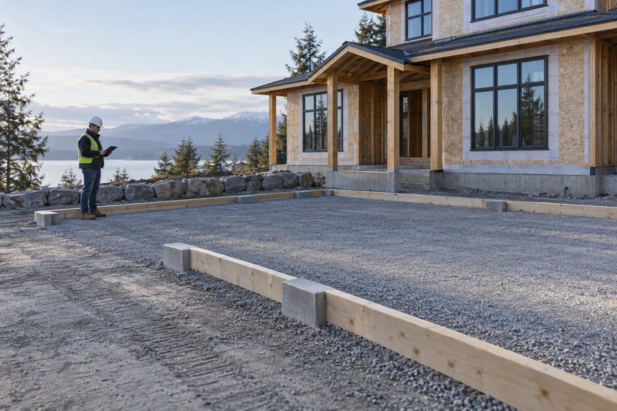 Project lead reviewing a tablet beside an empty staging area at a custom-home site
