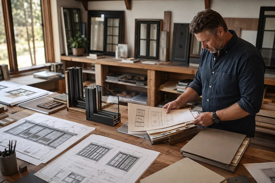Builder organizing window and door RFQ documents on a standing plan table