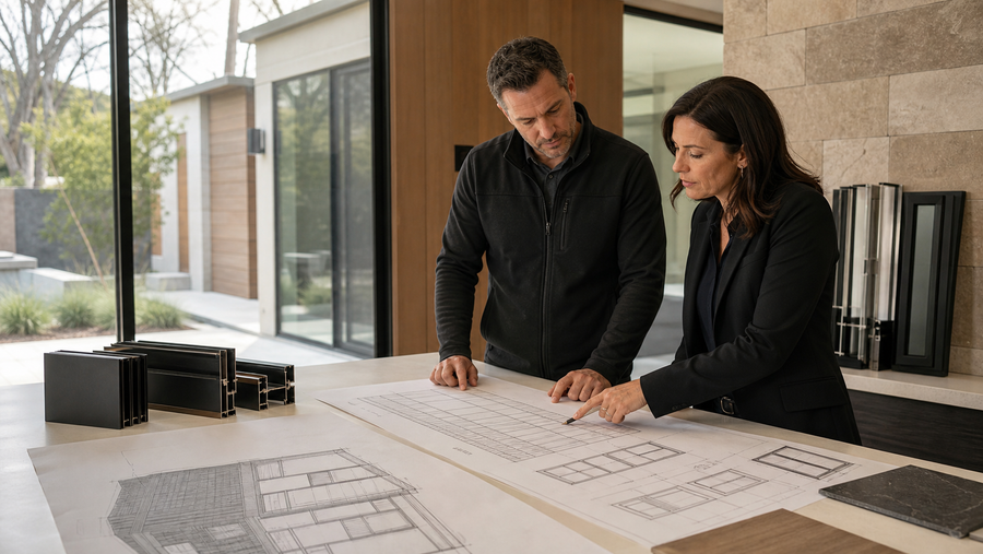 Architect and contractor reviewing a window and door schedule with elevation drawings and aluminum frame samples