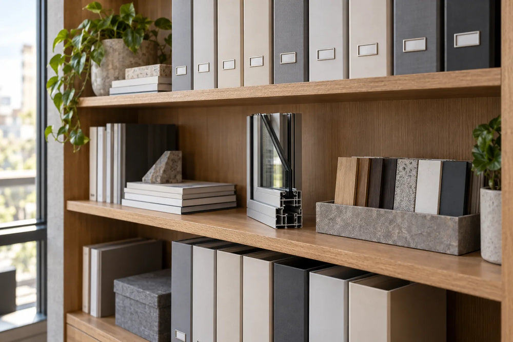 Organized project binders and window samples on a document shelf