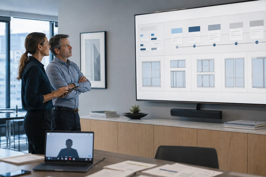 Builder and project manager reviewing a window and door supplier kickoff board during a remote meeting