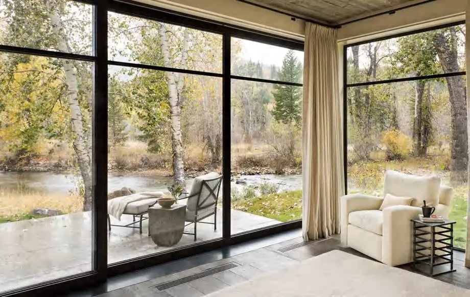 Slim-frame sliding doors in a residential living space