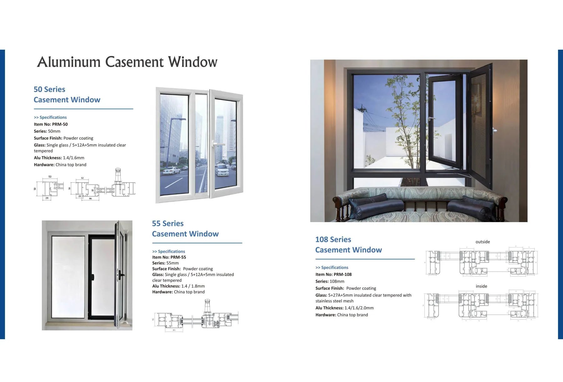 Window catalog page with frame profiles and glazing examples